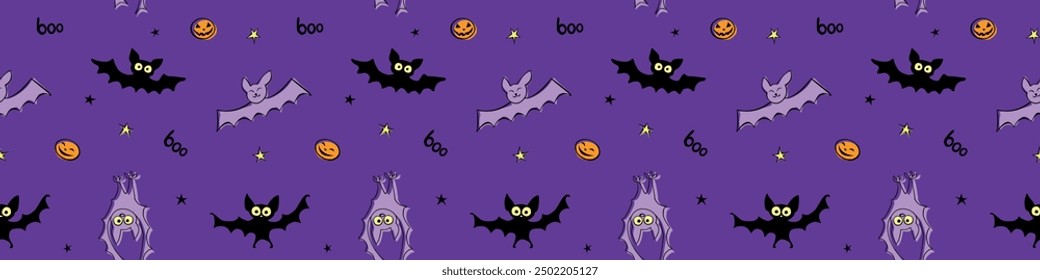 Flying bats seamless pattern. Cute creepy vector Illustration. Happy Halloween backgrounds and textures in flat cartoon doodle style