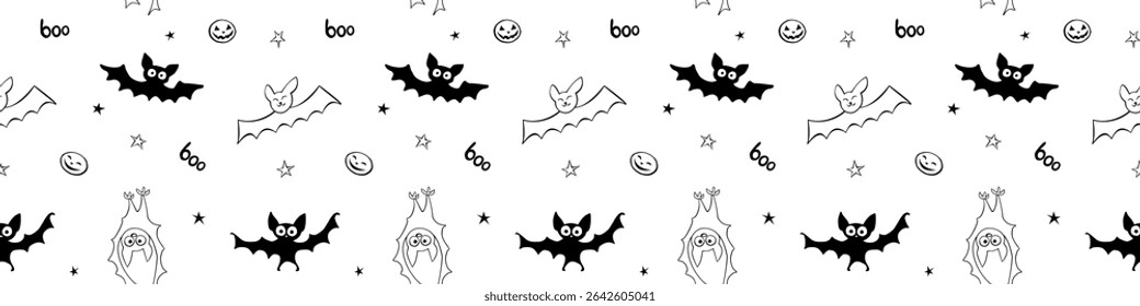Flying bats seamless pattern. Cute creepy vector Illustration. Happy Halloween backgrounds and textures in flat cartoon doodle style