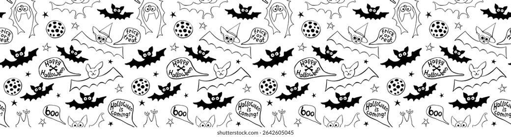 Flying bats seamless pattern. Cute creepy vector Illustration. Happy Halloween backgrounds and textures in flat cartoon doodle style