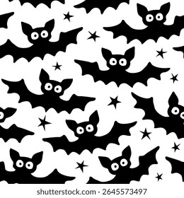 Flying bats seamless pattern. Cute Spooky vector Illustration. Halloween backgrounds and textures in flat cartoon gothic style. Black silhouettes animals on sky.