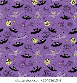 Flying bats seamless pattern. Cute creepy vector Illustration. Happy Halloween backgrounds and textures in flat cartoon doodle style