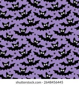Flying bats seamless pattern. Cute Spooky vector Illustration. Halloween backgrounds and textures in flat cartoon gothic style. Black silhouettes animals on sky.