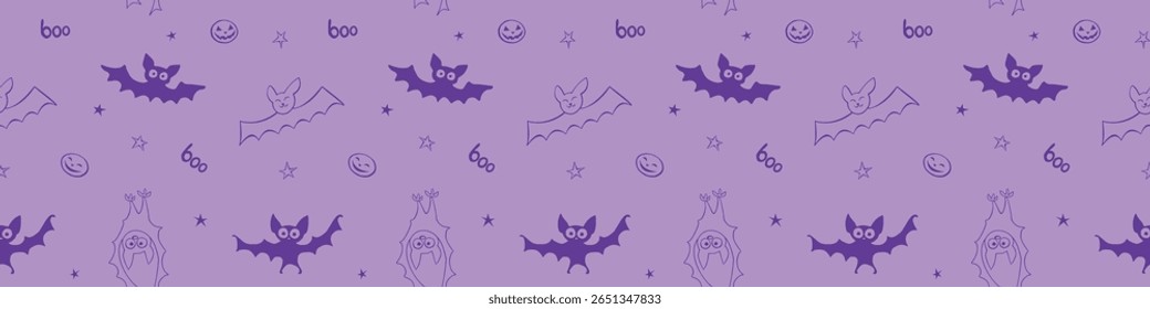 Flying bats seamless pattern. Cute creepy vector Illustration. Happy Halloween purple backgrounds and textures in flat cartoon doodle style
