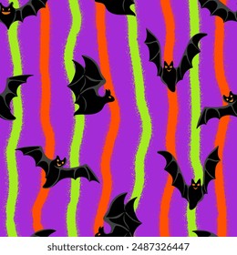 Flying bats seamless pattern. Modern halloween striped print. Great for textile, fabric, wallpaper, wrapping, scrapbook and packaging	