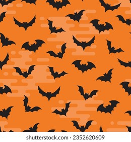 Flying bats seamless pattern on orange sky background