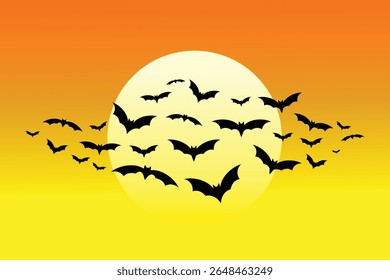 Flying Bats Silhouette at Sunset. Vector of bats flying in front of a sunset with orange and yellow background.