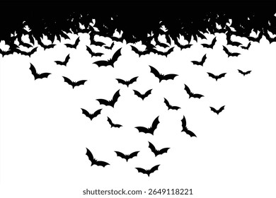 Flying Bats Silhouette Vector. Vector illustration of many bats flying in a black silhouette style.