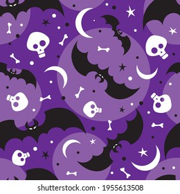 Flying bats and skulls on violet background for Halloween greetings. Seamless pattern. Vector illustration.