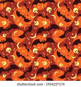 Flying bats, skulls and stars on orange background for Halloween greetings. Seamless pattern. Vector illustration.