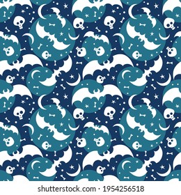 Flying bats, skulls and stars on blue background for Halloween greetings. Seamless pattern. Vector illustration.