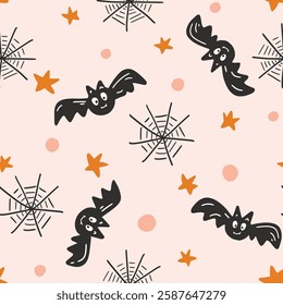 Flying bats with spiderwebs, stars and moons in background as Halloween spooky scene in color palette of orange, black and pastel peach on cream background. Seamless vector pattern.Great for packaging