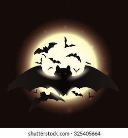 Flying bats swarm with red eyes in shining full moon night.