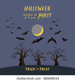 Flying bats and trees silhouettes Halloween illustration