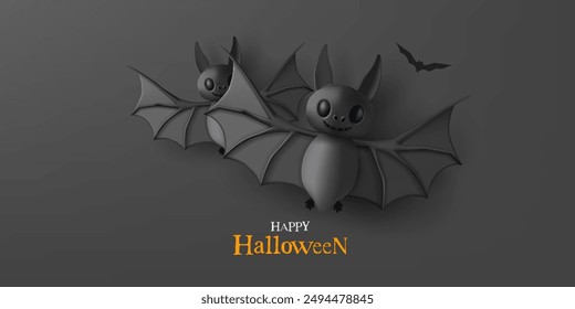 Murciélagos voladores, vampiros sobre fondo negro, 3D. Feliz Halloween Anuncio de publicidad. Ilustración vectorial