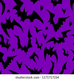 Flying bats vector Halloween seamless pattern. Design background for party poster. Hand drawn cartoon illustration in black and purple.