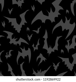 Flying bats vector Halloween seamless pattern. Design background for party poster. Hand drawn cartoon illustration in black and dark grey.
