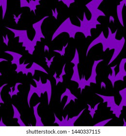 Flying bats vector Halloween seamless pattern. Design background for party poster. Hand drawn cartoon illustration in black and purple.