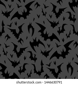 Flying bats vector Halloween seamless pattern. Design background for party poster. Hand drawn cartoon illustration in black and dark grey.
