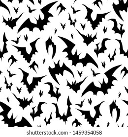 Flying bats vector Halloween seamless pattern in black and white. Design background for party poster. Hand drawn cartoon illustration.