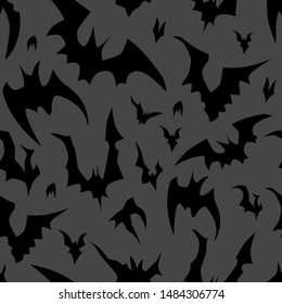 Flying bats vector Halloween seamless pattern. Design background for party poster. Hand drawn cartoon illustration in black and dark grey.