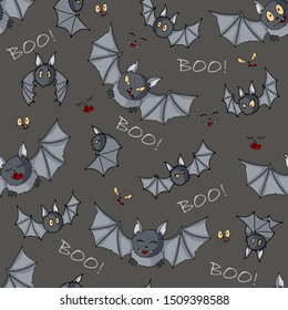Flying bats vector Halloween seamless pattern. Design background for fluer or party poster. Hand drawn cartoon illustration on dark grey.