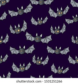 Flying bats vector Halloween seamless pattern. Design background for fluer or party poster. Hand drawn cartoon illustration on night sky