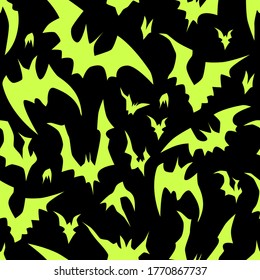 Flying bats vector Halloween seamless pattern. Design background for party poster. Hand drawn cartoon illustration in black and acid green.