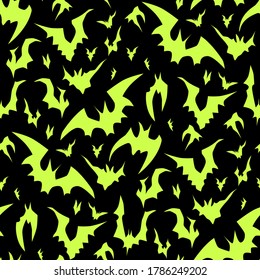 Flying bats vector Halloween seamless pattern. Design background for party poster. Hand drawn cartoon illustration in black and acid green.