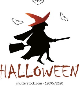 The flying bats and witch on the broom  