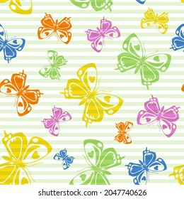 Flying beautiful butterfly silhouettes over striped background vector seamless pattern. Kids fashion fabric print design. Stripes and butterfly garden insect silhouettes seamless wrapping.