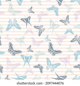 Flying beautiful butterfly silhouettes over striped background vector seamless pattern. Vintage fabric print design. Stripes and butterfly garden insect silhouettes seamless illustration.