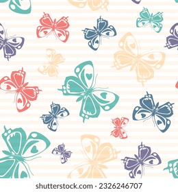 Flying beautiful butterfly silhouettes over horizontal stripes vector seamless pattern. Vintage fabric print design. Lines and butterfly garden insect silhouettes seamless wallpaper.