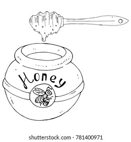 Flying bee. A bee with a bucket. Striped insect.The inscription is Honey.Hand drawn Ceramic tableware.Bank without lid. A barrel of honey with spoon.Vector illustration.Spoon with dripping honey.