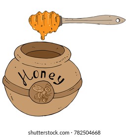 Flying bee. A bee with a bucket. Striped insect.The inscription is Honey.Hand drawn Ceramic tableware.Bank without lid. A barrel of honey with spoon.Vector illustration.Spoon with dripping honey.