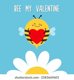 Flying bee bumblebee honeybee with heart. Cute cartoon kawaii funny character. Insect icon. Happy Valentines Day. Bee my Valentine Card. Daisy Chamomile flower. Flat design. Blue background. Vector