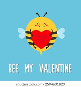 Flying bee bumblebee honeybee with heart. Cute cartoon kawaii character. Yellow black insect icon. Happy Valentines Day. Bee my Valentine Card. Childish style. Flat design. Blue background. Vector