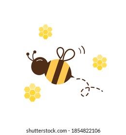 Flying bee cartoon and abstract beehive sign or logo isolated on white background vector illustration.