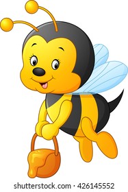 flying Bee cartoon holding honey bucket