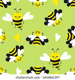 Flying Bee Cartoon. Seamless pattern on green. Cute insects for wallpaper, fabric and other.