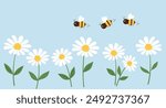 Flying bee cartoons and daisy flower icon sign on blue background vector.