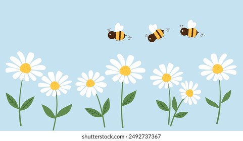 Flying Bee Cartoons und Gänseblümchen-Symbol-Zeichen auf blauem Hintergrund Vektorgrafik.