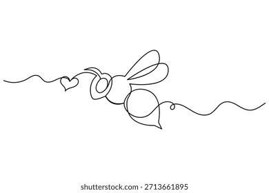 Dibujo de línea continua de abeja voladora con corazón e ilustración de contorno minimalista elegante