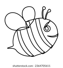 Flying bee continuous line drawn. Linear bumblebee with big eyes. Side view. Vector illustration isolated on white.