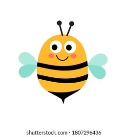 Flying bee with cute face icon on white background vector illustration. Funny cartoon character.