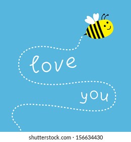 Flying bee. Dash line in the sky. Card. Vector illustration.
