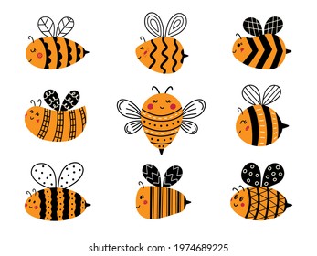 Flying Bee doodle set. Cute cartoon character of bumblebee. Kawaii honeybee collection isolated on white background vector illustration. 