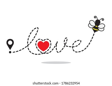 Flying Bee With a Dotted Path of Love Text, Vector Design