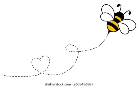 Flying bee dotted route with heart shape. Bumblebee with spotted line path. Vector illustration isolated on white.