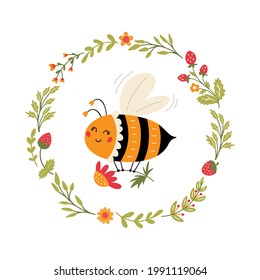 Flying Bee in floral wreath. Cute cartoon bumblebee character with flower. Kawaii honeybee isolated on white background. Vector illustration. 