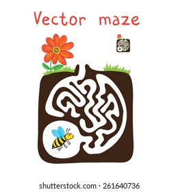 Abeja voladora con flor, aislada en blanco, ilustración vectorial